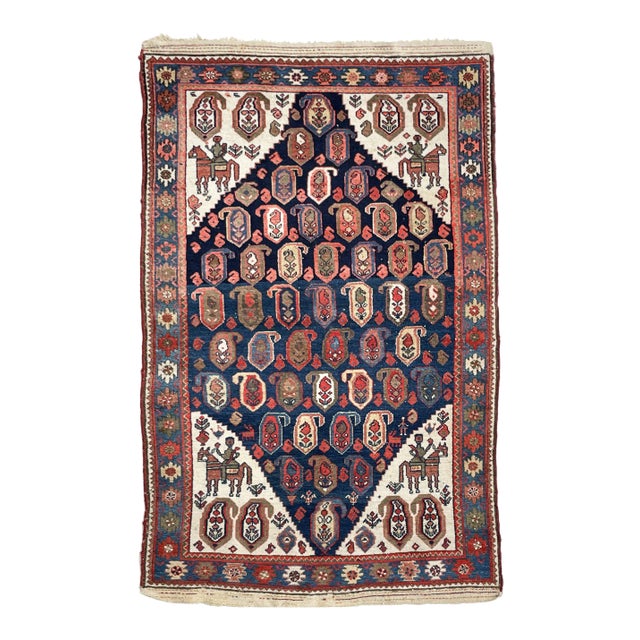 1930s Persian Malayer 4-Horsemen Protecting the Seeds of Life Rug, 4.4 x 6.10 For Sale