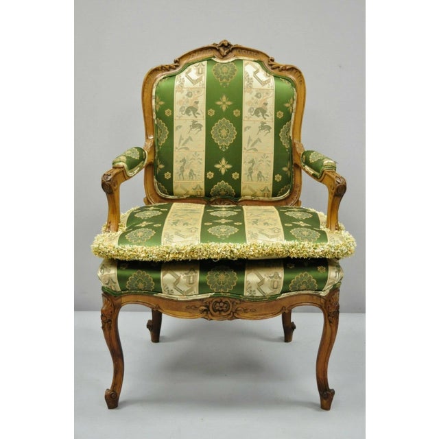 Antique French Louis XV Style Green & Gold Walnut Fauteuil Arm Chairs - A Pair For Sale - Image 12 of 12