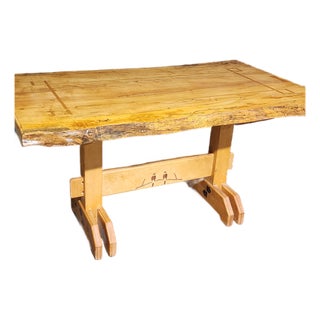 Handcrafted Spalted Maple Trestle Table With Inlaid Bird Motif For Sale
