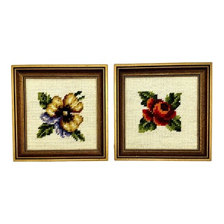 Late 20th Century Vintage Needlepoint Flowers Square Gold Frames- a Pair For Sale