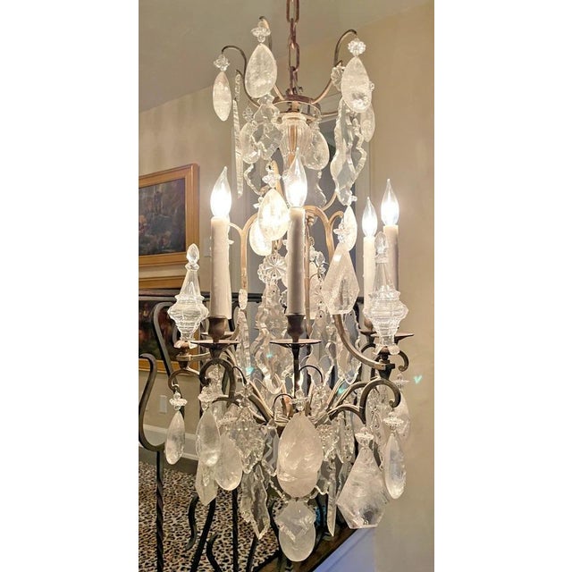 Late 19th Century French Bronze Gilded Quartz Rock Crystal 6-Light Chandelier from the Belle-Époque era. The gilt-bronze...