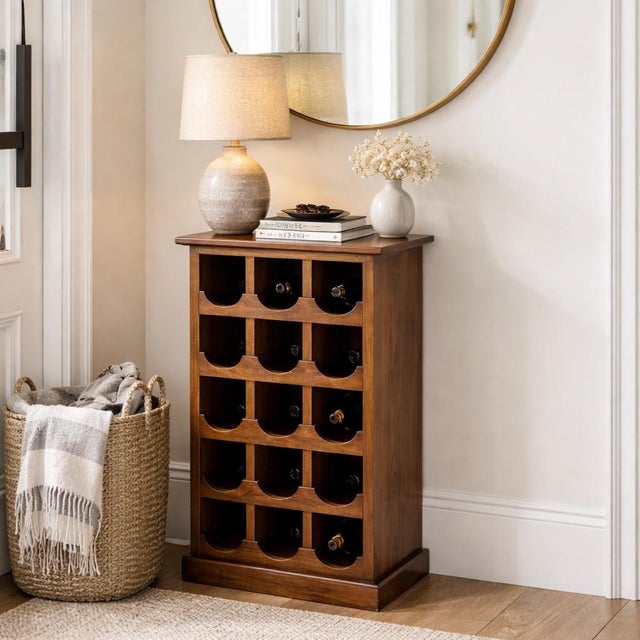 Contemporary Vintage Solid Wood Narrow Wine Storage Cabinet / 12-Bottle Vertical Rack Console (Accent Table, Entryway or End Table) – 34” H × 16” W × 12” D For Sale - Image 3 of 6