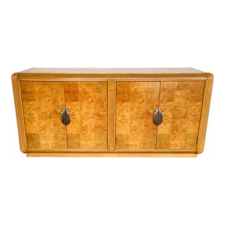 1990s Art Deco Style Light Wood Olive Burl Credenza with Brass Hardware For Sale