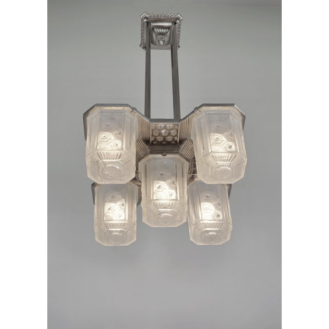 Art Deco Hettier & Vincent French Art Deco Chandelier 1930s - Geometric Glass & Nickeled Bronze For Sale - Image 3 of 13