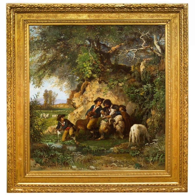 Italian Rare Landscape Painting of Shepherds and Injured Lamb by Hermann Corrodi For Sale - Image 3 of 12