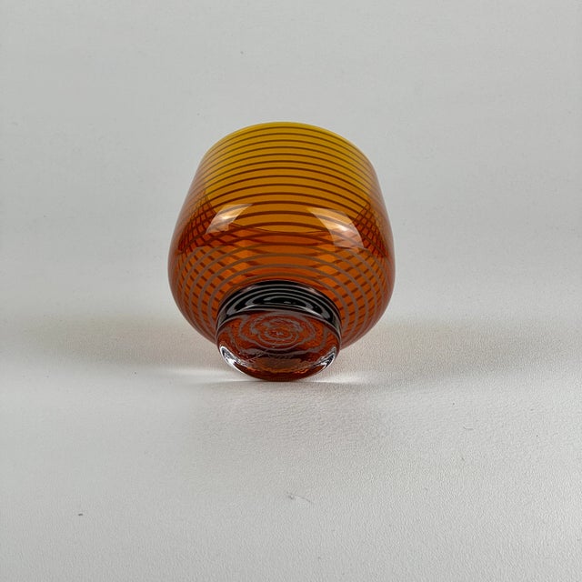 Amber Vintage Signed Hand Blown Small Round Glass Vase in Amber Color With White Swirling Stripe For Sale - Image 8 of 9