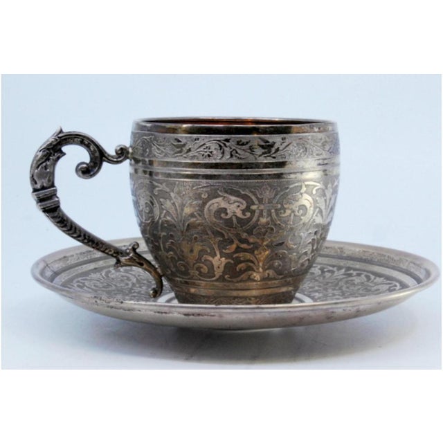 Silver Cup and Saucer in Nickel Silver with Engraved Floral Motifs and Monogram Card, Set of 2 For Sale - Image 8 of 10