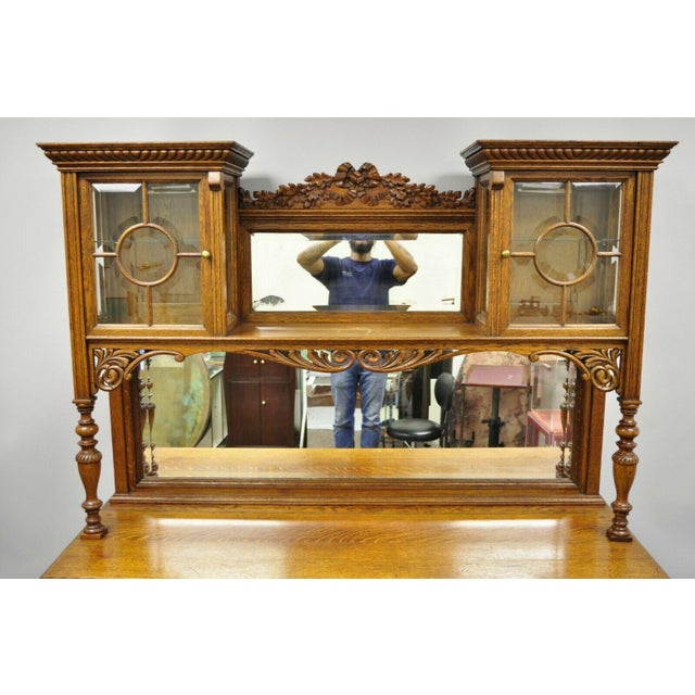 Antique French Victorian Carved Oak Sideboard Buffet Hutch Mirror China