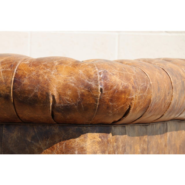 Industrial Distressed Brown Leather Chesterfield Sofa – Three Seat Tufted Sofa With Nailhead Trim & Casters For Sale - Image 12 of 18