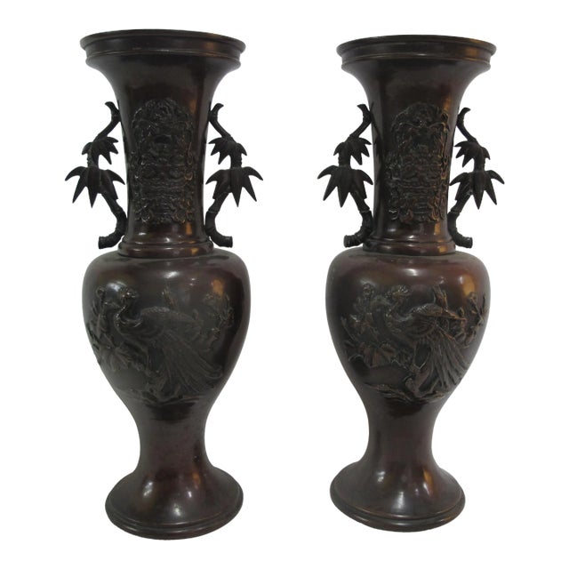 Japanese Bronze Heron & Lotus Flower Bamboo Design Vase Urn Pair For Sale
