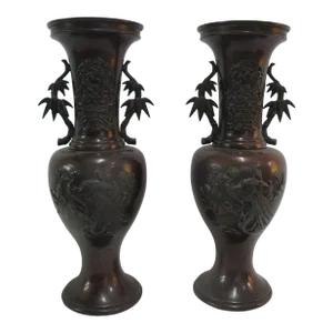 Japanese Bronze Heron & Lotus Flower Bamboo Design Vase Urn Pair