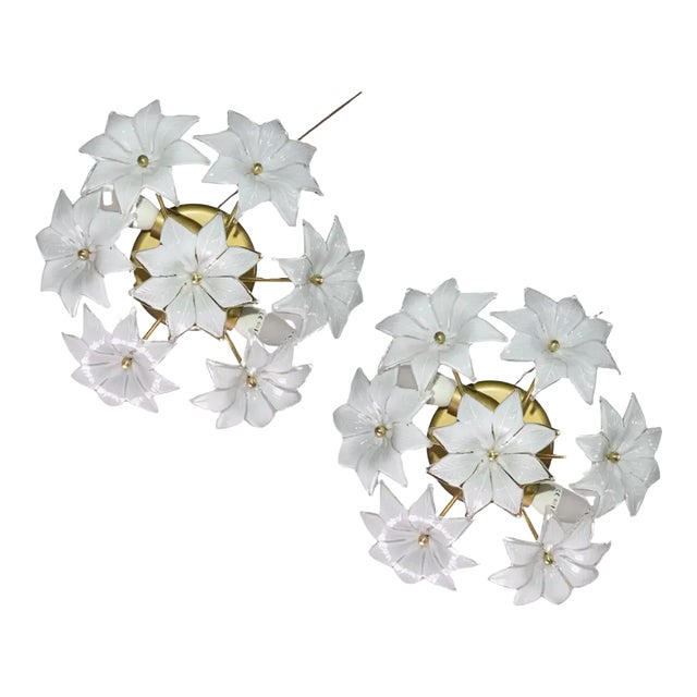 Set of 2 Vintage Murano Ceiling Light White Flowers, 1970s For Sale