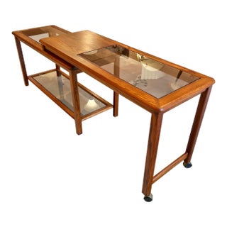1970s Vintage Lou Hodges Style Oak and Smoked Glass Swiveling Console/Desk For Sale