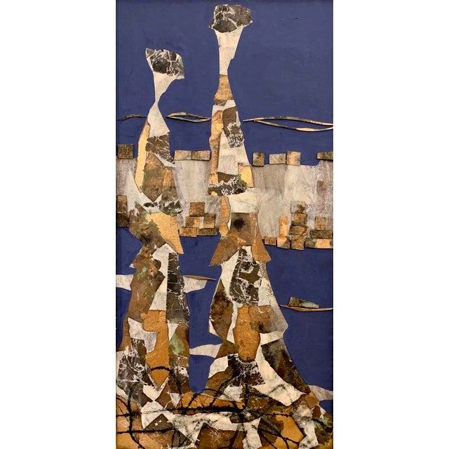 A single figure crosses a wide, panoramic landscape built from layered gold leaf and oil, with ridges of forest green and...