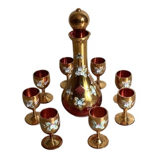 1990s Murano Hand-Made and Hand Painted Decanter and 8 Glass Cup Set in Mint Condition For Sale