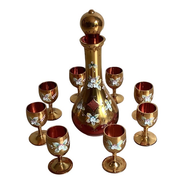 1990s Murano Hand-Made and Hand Painted Decanter and 8 Glass Cup Set in Mint Condition For Sale