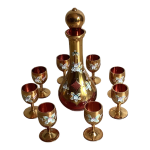 1990s Murano Hand-Made and Hand Painted Decanter and 8 Glass Cup Set in Mint Condition