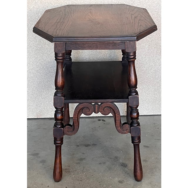 Wood Spanish Two-Tier Walnut Console Side Table With Carved Legs and Stretcher For Sale - Image 7 of 13