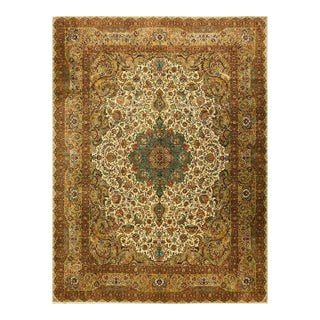 1940s Beige Classic Floral Antique Tabriz Northwestern Knotted Wool Carpet Rug For Sale