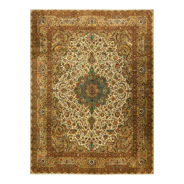 1940s Beige Classic Floral Antique Tabriz Northwestern Knotted Wool Carpet Rug For Sale