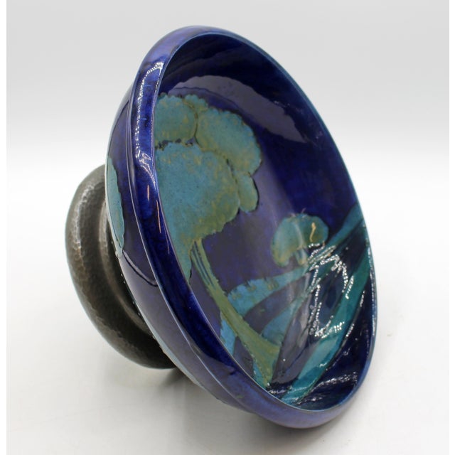 Circa 1925 Moorcroft "Moonlit Blue" ceramic & pewter compote bowl, England. Arts & Crafts period, made for Liberty's....