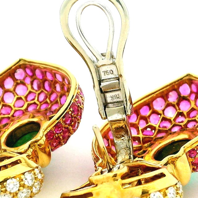 Vintage 1980s 18k Gold Ruby Emerald & Diamond Drop Earrings, Pair For Sale - Image 10 of 11