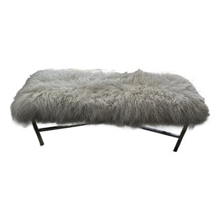 Pasargad Home Mongolian Lamb Fur Bench in Cream With Brushed Metal X‑Base For Sale