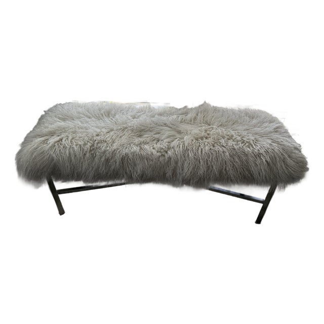 Pasargad Home Mongolian Lamb Fur Bench in Cream With Brushed Metal X‑Base For Sale