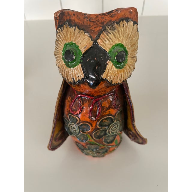 1980s Set of 3 Vintage Signed Belen Antigua Paper Mache Flowered Owl Figures For Sale - Image 5 of 10