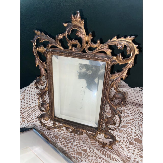 Art Nouveau Antique Ornate Brass Vanity Mirror With Scrolling Acanthus Leaf Frame. For Sale - Image 3 of 8