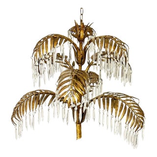 Vintage French Gilt Metal & Crystal Palm Tree Chandelier For Sale