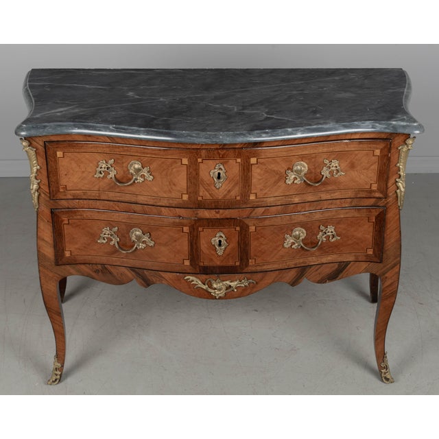 Louis XV Commode Sauteuse With Marquetry and Turquin Marble, C. 1750 For Sale - Image 4 of 17