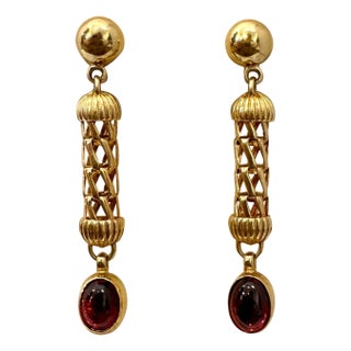 Natural Amethyst & Garnet Simple Hanging / Dangling Earring in 14 Kt Yellow Gold For Sale