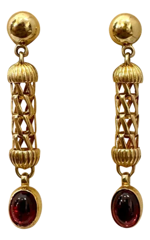 Natural Amethyst & Garnet Simple Hanging / Dangling Earring in 14 Kt Yellow Gold