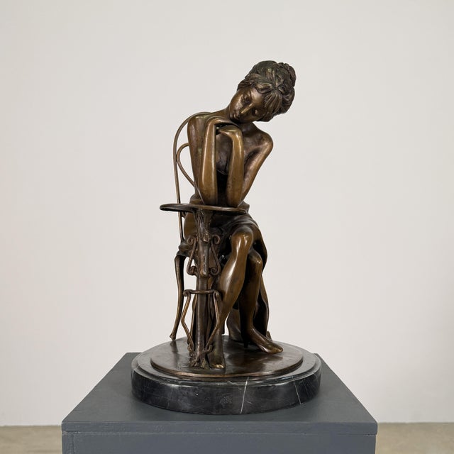 Art Nouveau Parisienne Lady Bronze, Seated at Café Table on Marble – 14” Tall For Sale - Image 4 of 11