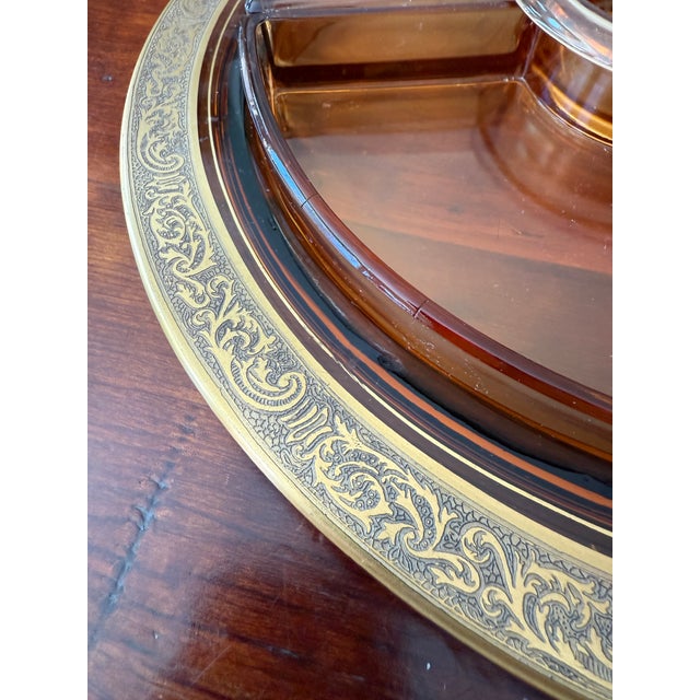 Early 20th Century Cambridge Glass Co. Gold Encrusted Amber Glass Divided Relish Dish With Center Insert - 6-Piece For Sale - Image 9 of 12