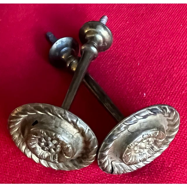 Pair antique early 19th c. American Federal neoclassical brass oval mirror supports or drapery tiebacks. These also may be...