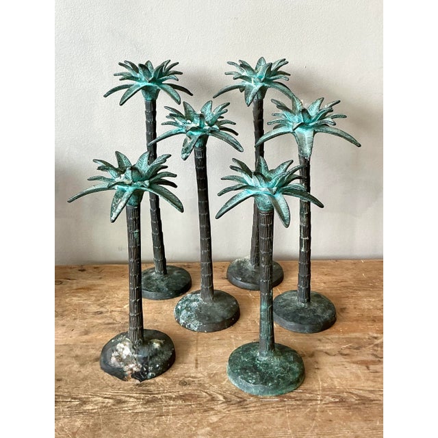 Late 20th Century Vintage Coastal Patinated Cast Metal Palm Tree Candlesticks - Set of 6 For Sale - Image 5 of 5