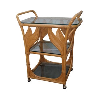 Vintage Rattan Bamboo Palm Leaf 3-Tier Bar Cart For Sale
