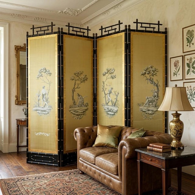 Vintage Neoclassical Four-Panel Folding Screen – Hand-Painted Silk With Faux Bamboo Frame For Sale - Image 15 of 15