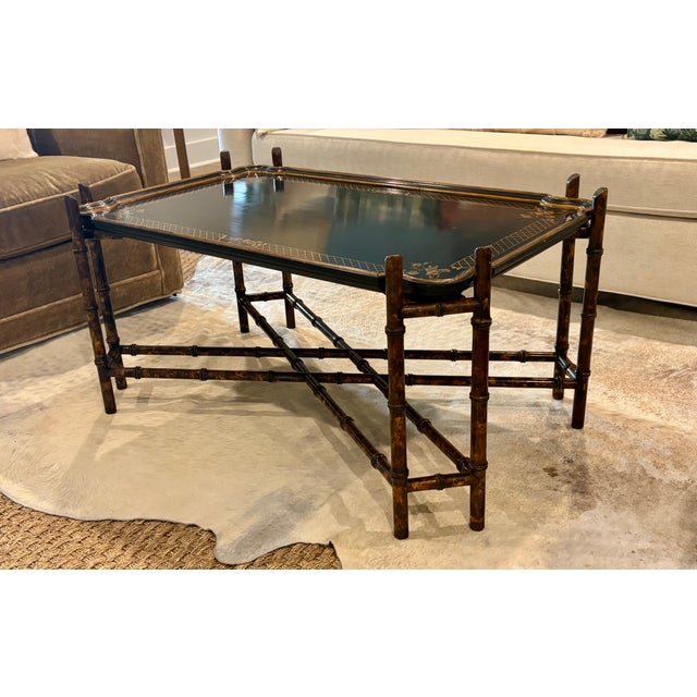 Baker Furniture Company Vintage Palm Beach Style / Chinoiserie Style Faux Bamboo Faux Tortoise Tray Top Coffee Table by Baker Furniture For Sale - Image 4 of 18