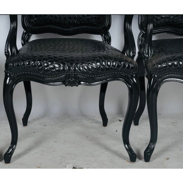 Black Faux Crocodile & Glossy Black Louis XV Style Armchairs — A Pair For Sale - Image 4 of 10