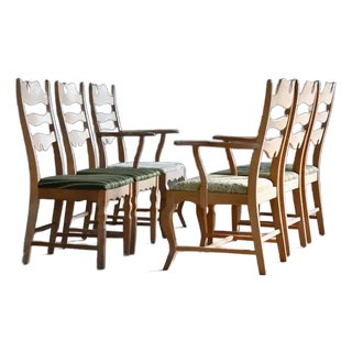 Six Razorblade Dining Chairs in Carved Oak by Kjaernulf Denmark, 1960s For Sale