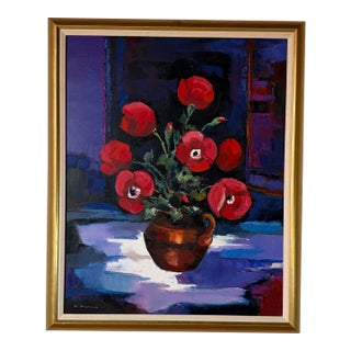 Bruno Perino “Coquelicots” (Amapolas) Still Life Oil on Canvas Painting, Framed For Sale