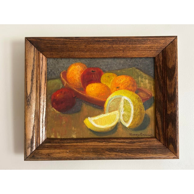 Vintage 1965 impressionist oil painting of a still life with fruit. Signed and dated to the lower right corner. In vintage...