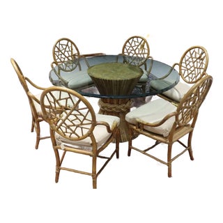 Set of 6 Vintage Bamboo Rattan Dining Chairs With Large Dining Table. For Sale