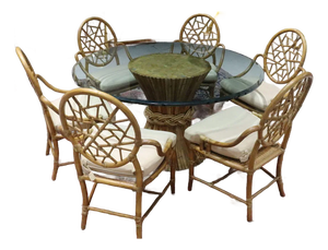 Set of 6 Vintage Bamboo Rattan Dining Chairs With Large Dining Table.
