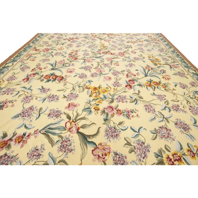 1990s Handcrafted French Aubusson Wool Rug in Pale Yellow With Floral Design For Sale - Image 9 of 12