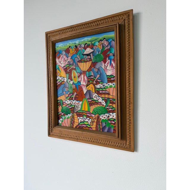 1970’s Carlo Decimus Haitian Folk Art Fruit Market Oil on Canvas Painting, Framed For Sale - Image 4 of 12