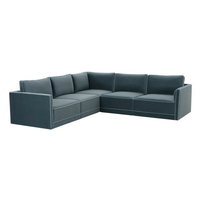Wood Willow Misty Blue with Pale Blue Piping Modular 5-Piece Performance Velvet L Sectional For Sale - Image 7 of 7